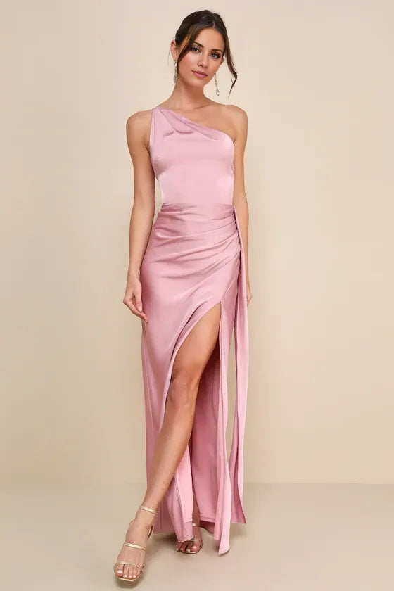 TingPo Wholesale Signature Elegance Rose Satin One-Shoulder Maxi Dress formal wear dresses