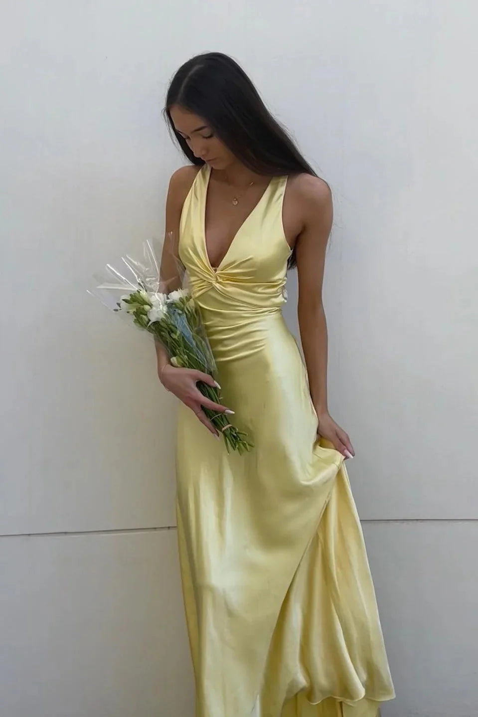 TingPo Wholesale Chic Sheath Halter Neck Yellow Long Party Dress with Backless Bowknot