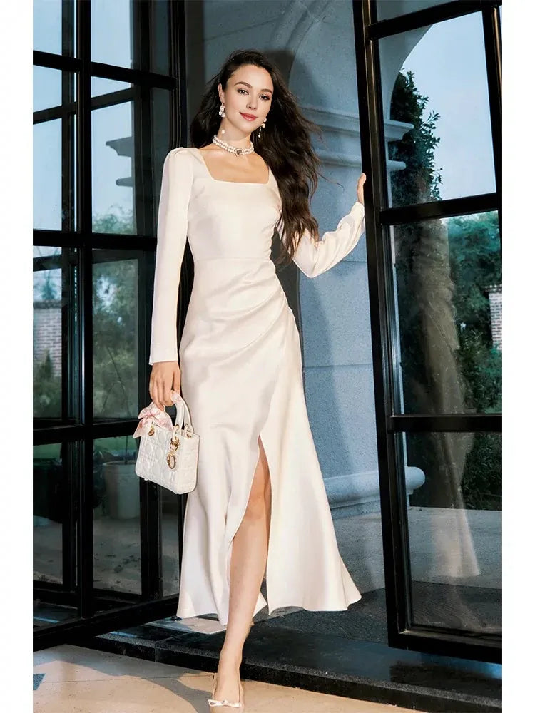 Wholesale Modest Sheath Square Neckline White Long Prom Dresses Slit Evening Dress formal wear dresses