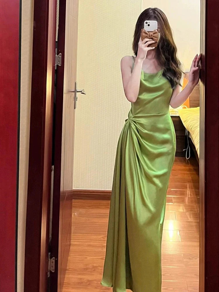 TingPo Wholesale Elegant Pretty Sheath Spaghetti Straps Green Satin Long Evening Dress Prom Dresses With Ruffles