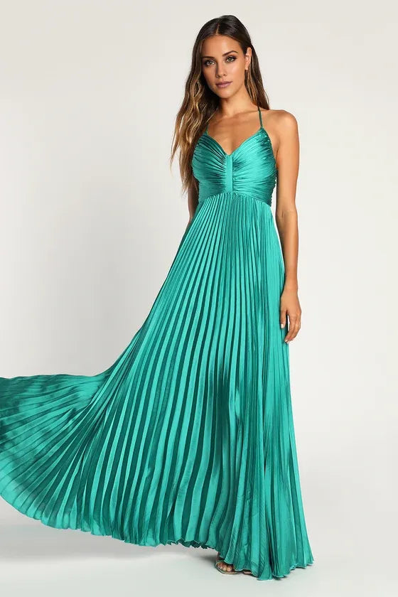 TingPo Wholesale Signature Elegance Dreaming in Color Green V-Neck Pleated Satin Maxi Dress formal wear dresses