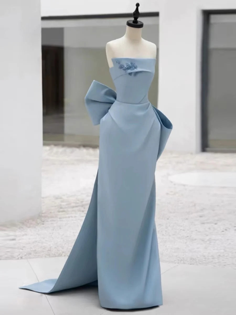 TingPo Wholesale Elegant Pretty Sheath Strapless Blue Satin Long Prom Dress Evening Dresses With Bow
