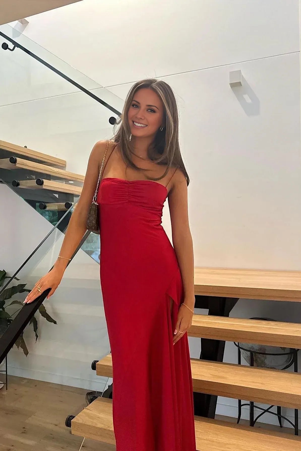 TingPo Wholesale Simple Sheath Spaghetti Straps Red Long Party Dress with Split Front