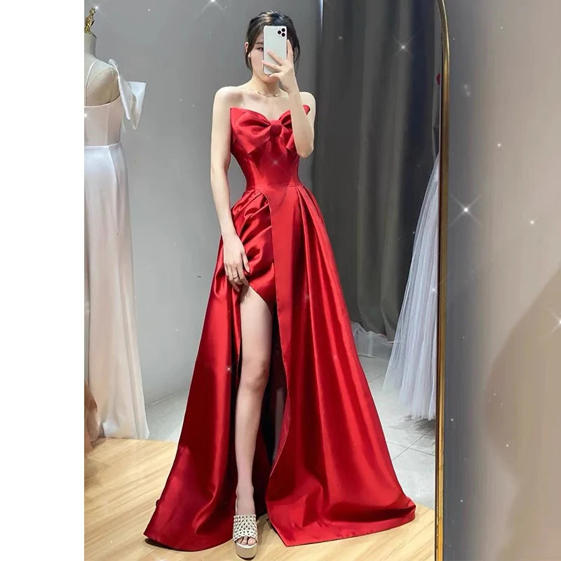 Wholesale Elegant A line Sweetheart Red Satin Long Prom Dress Evening Dresses formal wear dresses