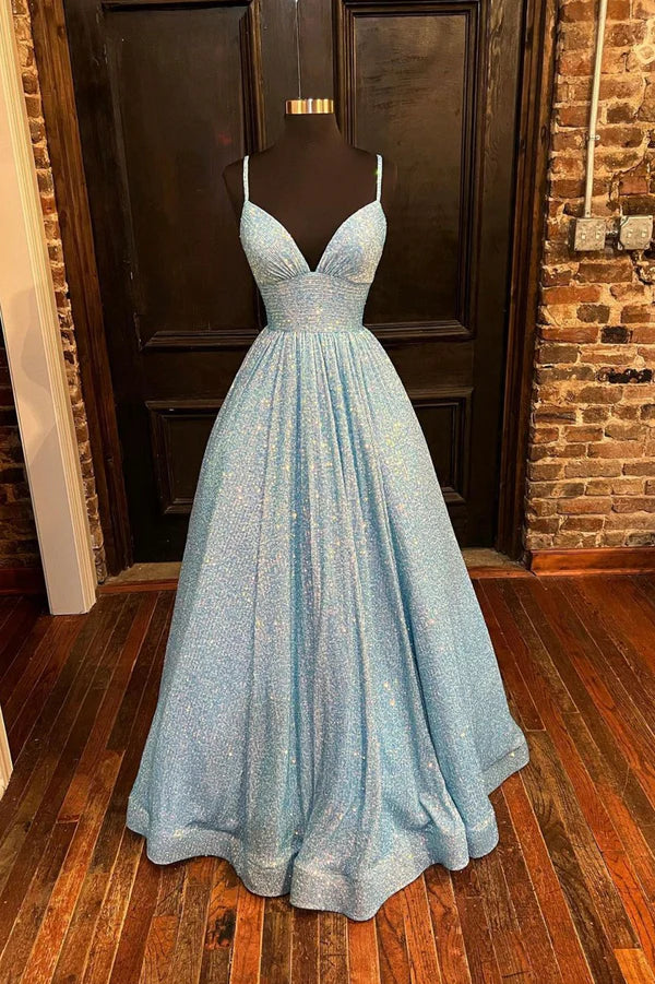 Wholesale Blue Sequins Long A-Line Prom Dress V-Neck Shiny Evening Party Dress
