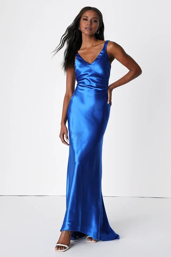 TingPo Wholesale Signature Elegance Perfectly Royal Blue Satin Strappy Maxi Dress formal wear dresses ﻿