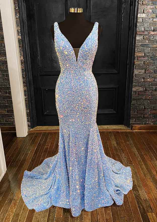TingPo Wholesale Sheath/Column Trumpet/Mermaid V Neck Sleeveless Velvet Sequins Sweep Train Prom Dress