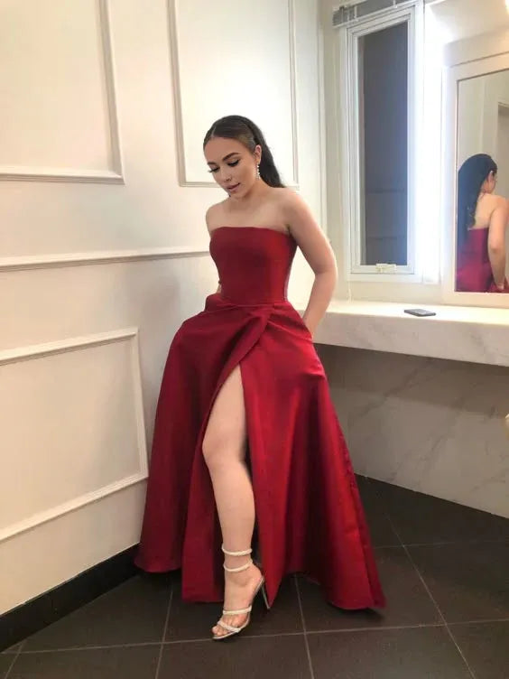 Wholesale Vintage A line Strapless Sleeveless Burgundy Slit Long Prom Dresses Evening Dress formal wear dresses ﻿