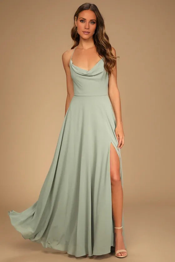 TingPo Wholesale Signature Elegance Romantically Speaking Sage Green Cowl Lace-Up Maxi Dress formal wear dresses
