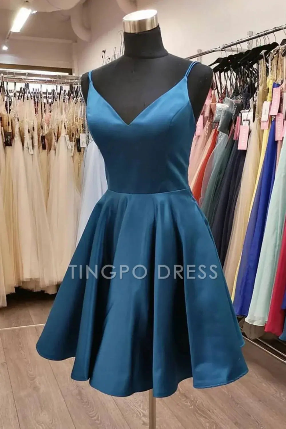 TingPo Wholesale Blue A-line V-neck Spaghetti Straps Homecoming Dress formal wear dresses