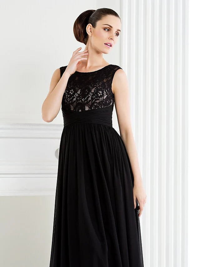 Wholesale A-Line Mother of the Bride Dress Scoop Neck Floor Length Chiffon Lace Sleeveless with Lace