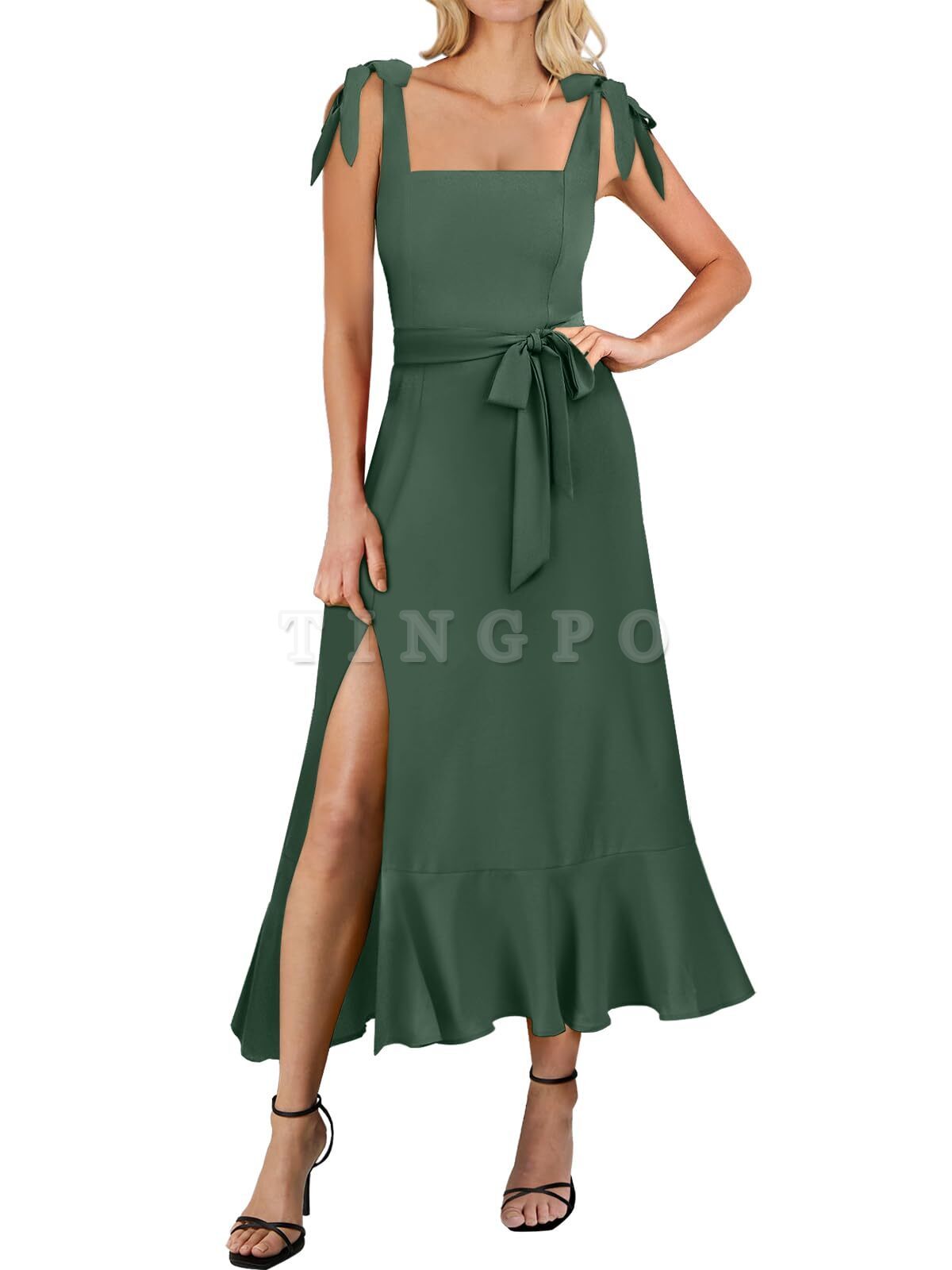 Wholesale Women's Square Neck Ruffle Split Midi Elegant Formal Wedding Guest Cocktail Bridesmaid Graduation Party Dresses prom dresses shops