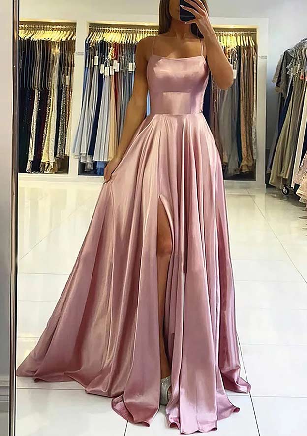 TingPo Wholesale A-line Square Neckline Sleeveless Satin Sweep Train Prom Dress With Pleated