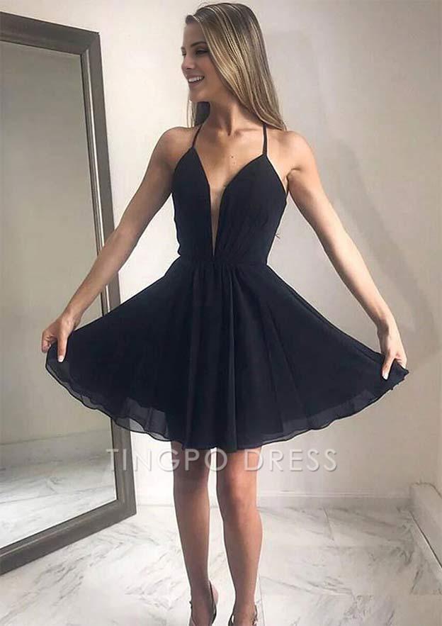 TingPo Wholesale A-line V Neck Sleeveless Short/Mini Chiffon Homecoming Dress
