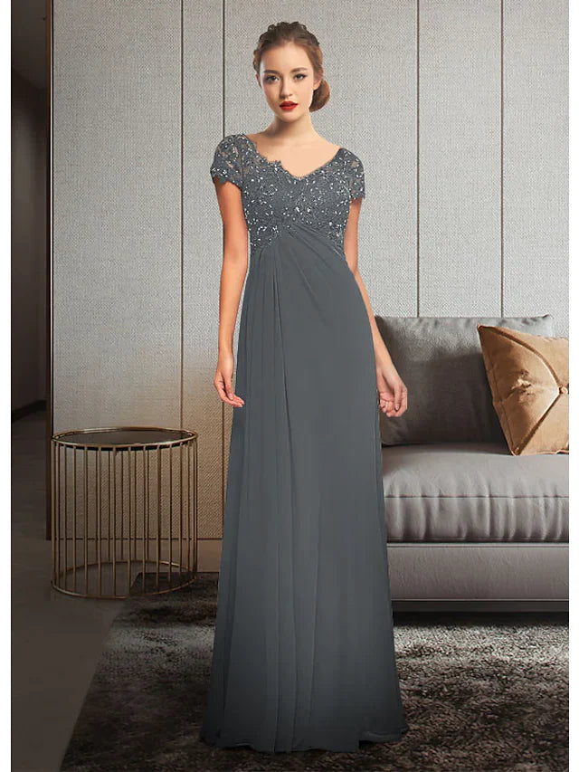 Wholesale Mother of the Bride Dress Elegant V Neck Floor Length Chiffon Lace Short Sleeve with Sequin Appliques Ruching