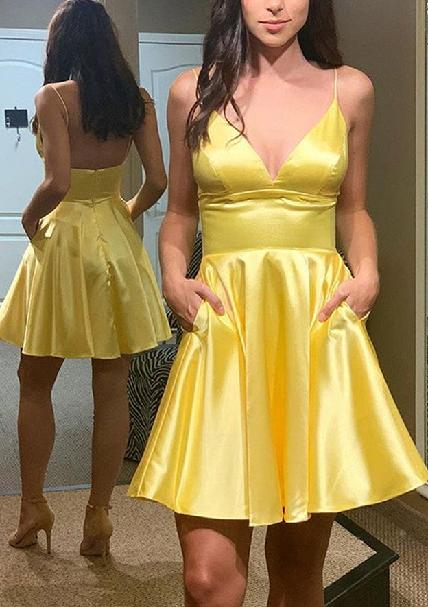 TingPo Wholesale A-line V Neck Sleeveless Charmeuse Short/Mini Homecoming Dresses With Pockets