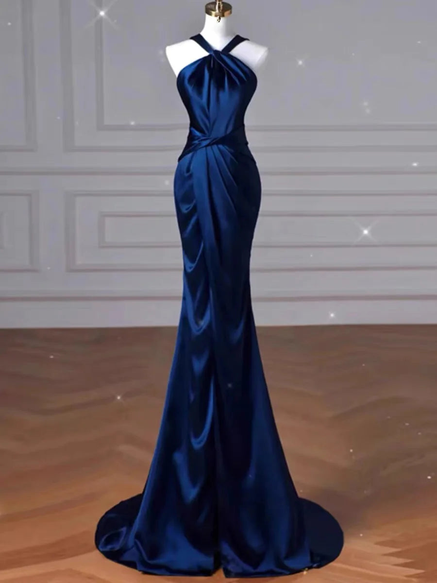 TingPo Wholesale Elegant Sexy Mermaid High Neckline Navy Blue Satin Evening Dress Long Prom Dresses Party Dress With Ruffles