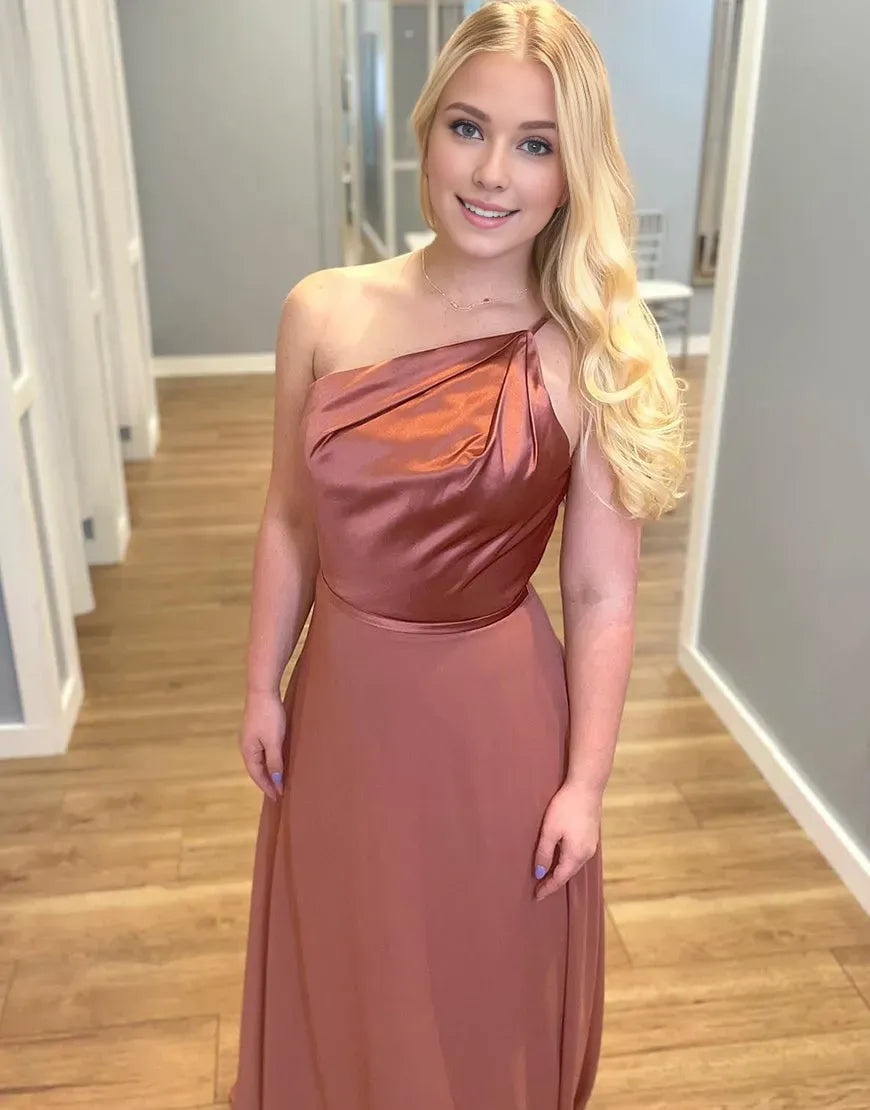 Wholesale Dusty Rose Sheath-Column One Shoulder Satin Bridesmaid Dress Bridesmaid dress shop