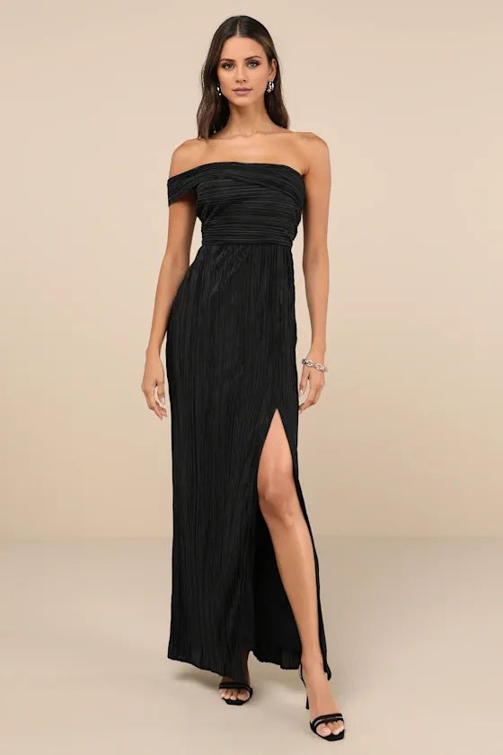 TingPo Wholesale Signature Elegance Performance Black Plisse One-Shoulder Maxi Dress formal wear dresses