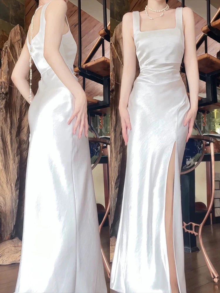 TingPo Wholesale Elegant Sexy Mermaid Square Neckline White Slit Long Evening Dress Prom Dresses Birthday Outfits