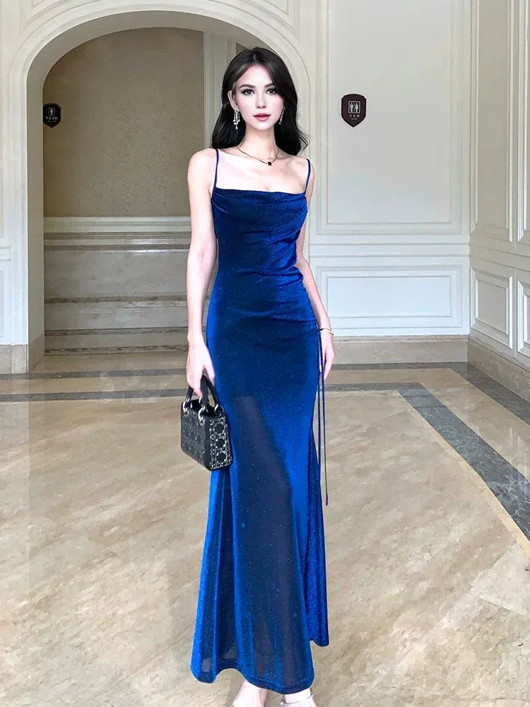 TingPo Wholesale Pretty Sheath Straps Floor Length Royal Blue Slit Prom Dresses Simple Evening Dress formal wear dresses