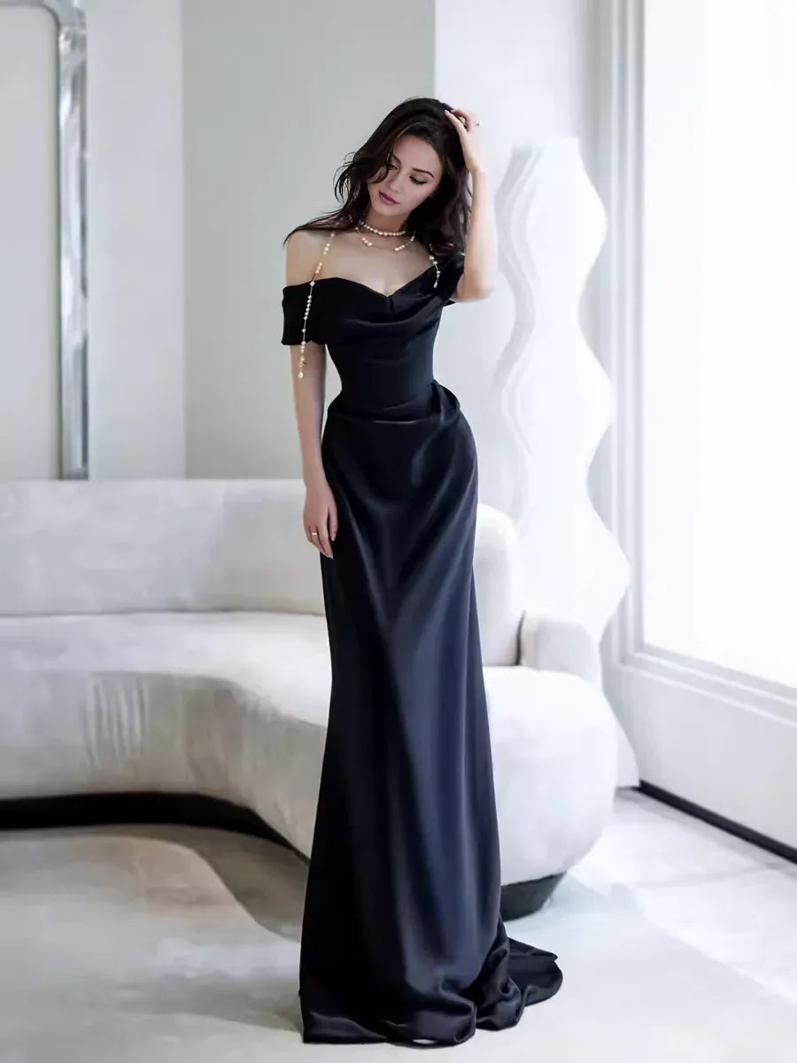 TingPo Wholesale Simple Mermaid Off The Shoulder Black Prom Dresses Evening Dress