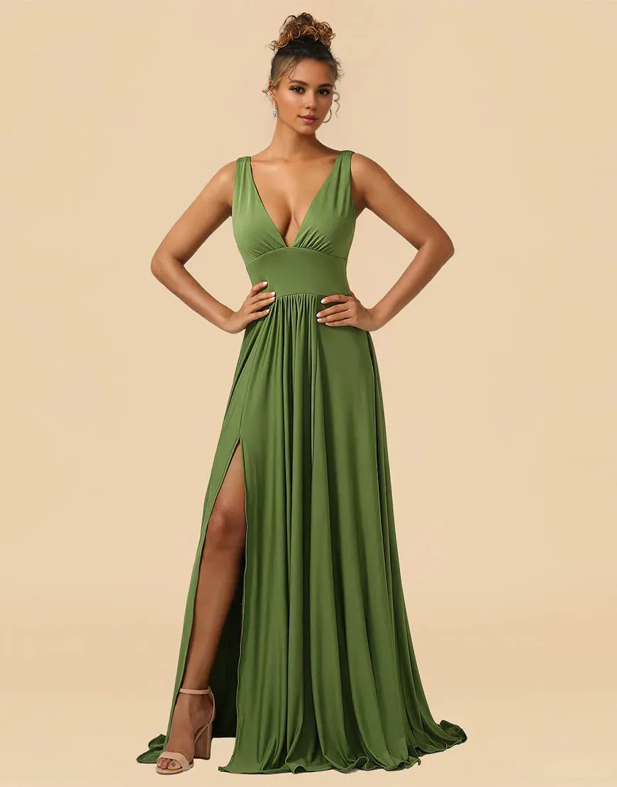 Wholesale A-Line Deep V-neck Floor Length Spandex Bridesmaid Dress with Split Bridesmaid dress shop