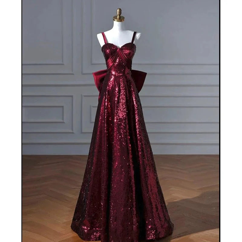 TingPo Wholesale Pretty A line Spaghetti Straps Burgundy Sequin Long Prom Dresses Party Evening Dress formal wear dresses