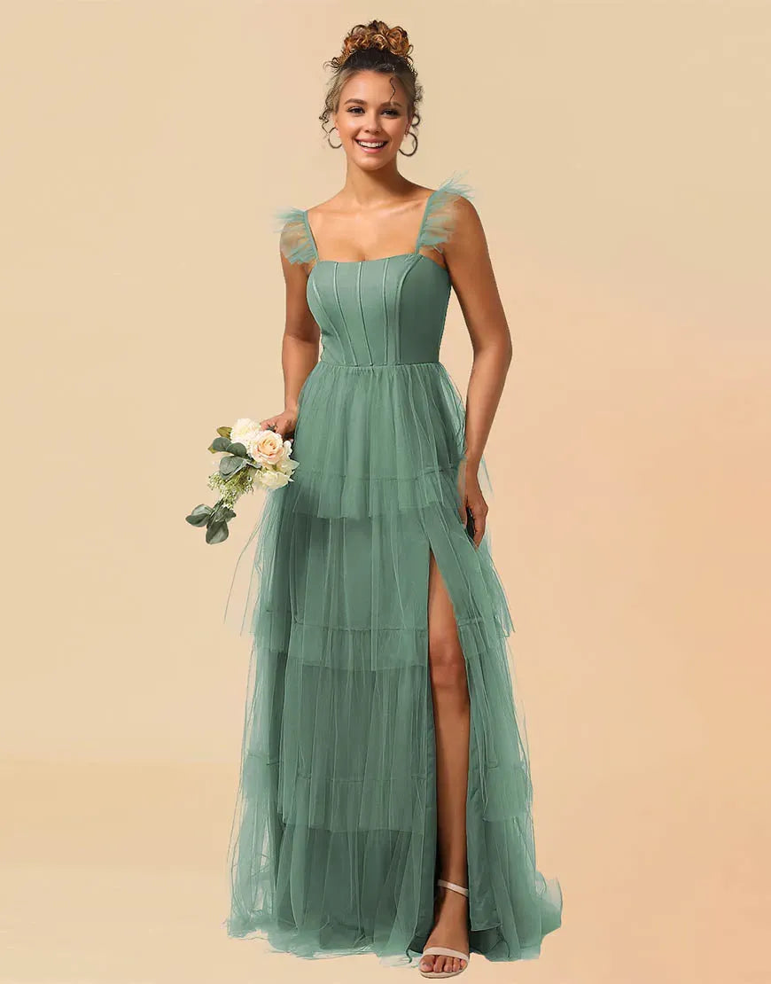 Wholesale A-Line Detachable Straps Lace Up Tulle Bridesmaid Dress With Split Bridesmaid dress shop