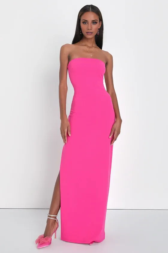 TingPo Wholesale Signature Elegance Elaborate Excellence Hot Pink Strapless Bodycon Maxi Dress formal wear dresses