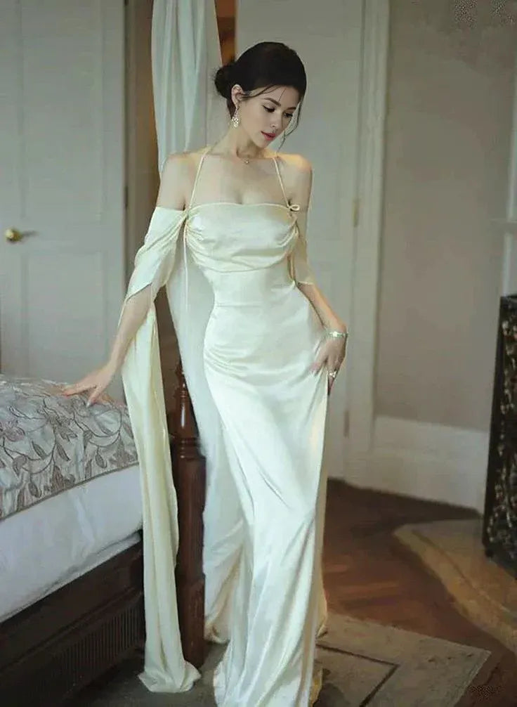 Wholesale Elegant Ivory Satin Long Simple Evening Dress Prom Dresses formal wear dresses