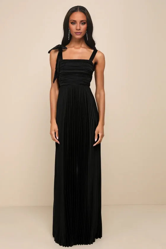 TingPo Wholesale Signature Elegance Gorgeous Purpose Black Satin Pleated Sleeveless Bow Maxi Dress formal wear dresses