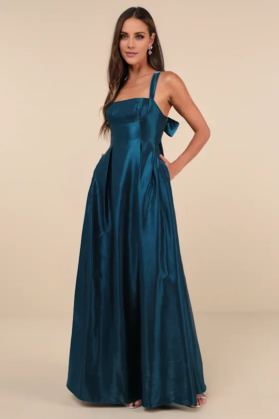 TingPo Wholesale Signature Elegance Immaculate Aura Shiny Dark Teal Taffeta Maxi Dress formal wear dresses