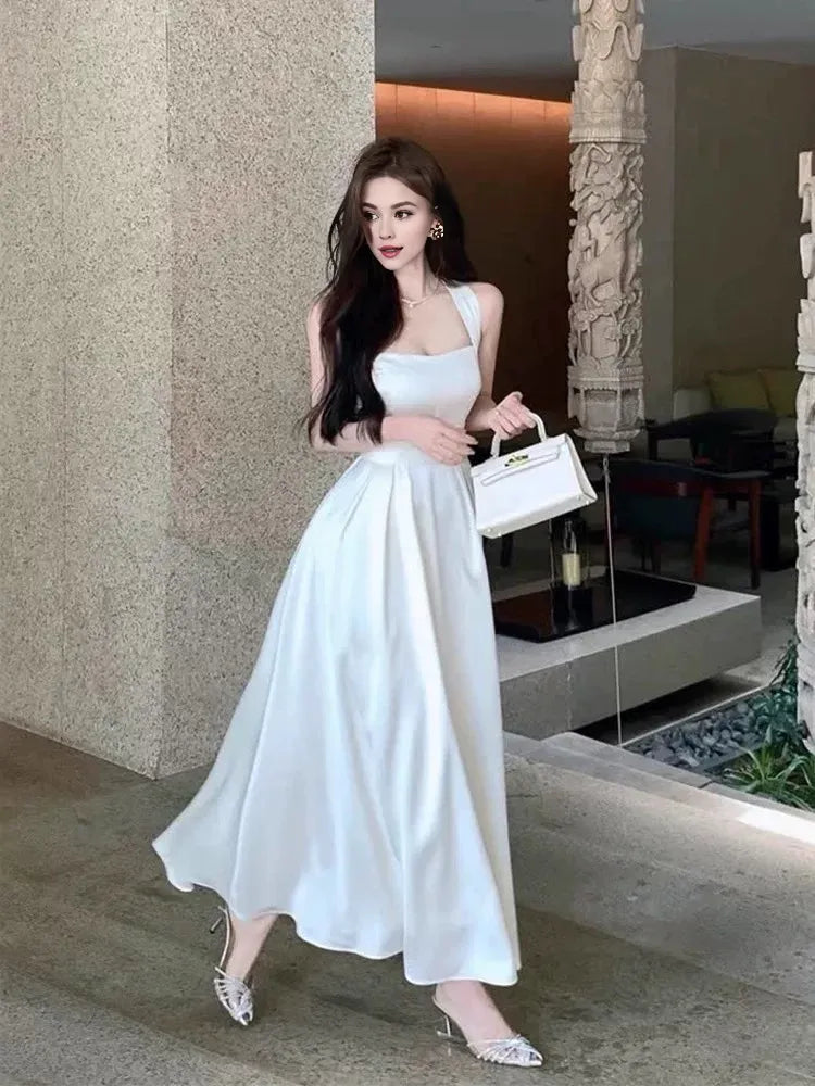 TingPo Wholesale Elegant Vintage A Line Square Neckline White Satin Evening Dress Prom Dresses