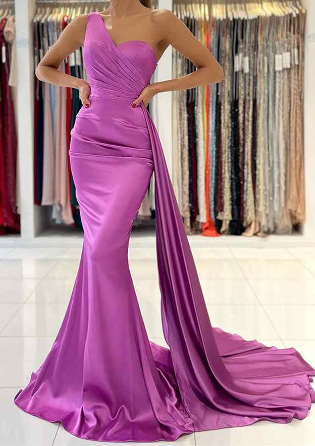 TingPo Wholesale Trumpet/Mermaid One-Shoulder Sleeveless Sweep Train Satin Prom Dress With Pleated
