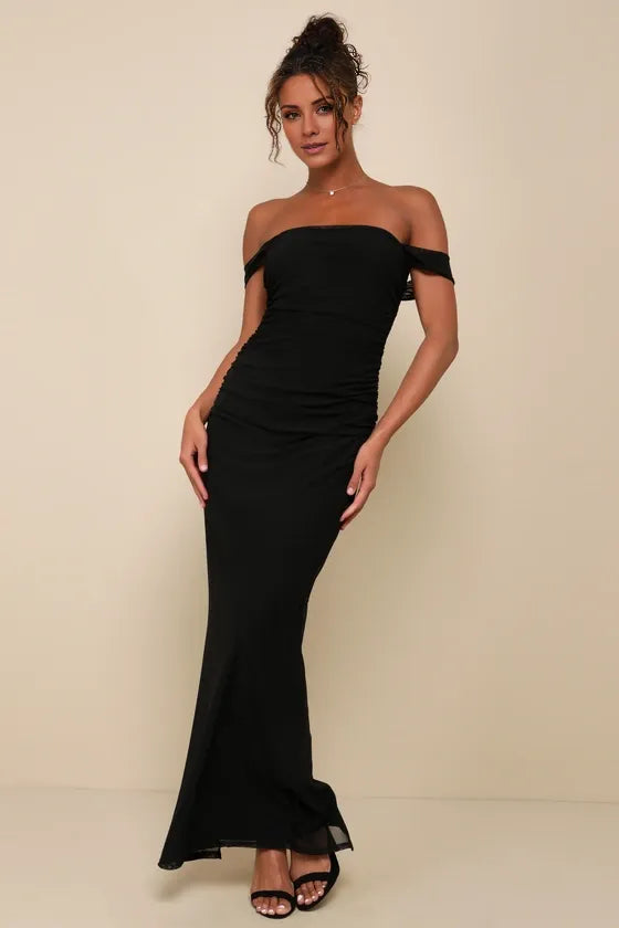 TingPo Wholesale Signature Elegance Amazing Presence Black Mesh Ruched Column Maxi Dress formal wear dresses