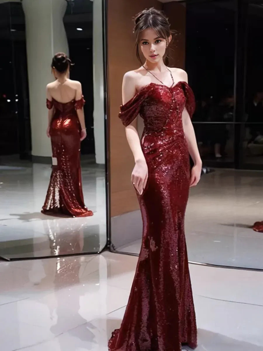 TingPo Wholesale Elegant Mermaid Off The Shoulder Burgundy Sequin Long Prom Dress Evening Dresses