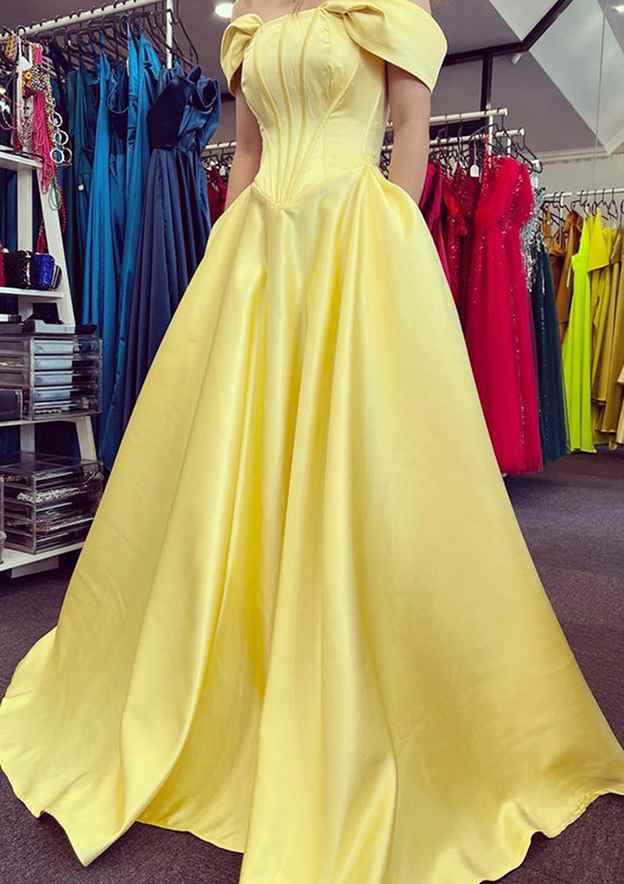 TingPo Wholesale A-line Off-the-Shoulder Strapless Long/Floor-Length Satin Prom Dress With Pleated Pockets