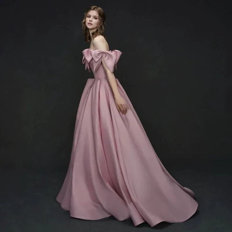 Wholesale Elegant A line Off The Shoulder Satin Pink Evening Dress Long Prom Dresses formal wear dresses