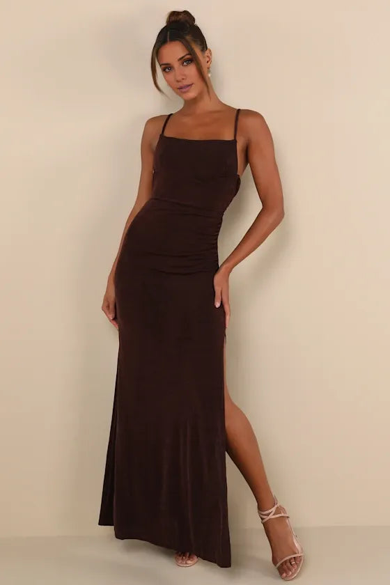 TingPo Wholesale Signature Elegance Complete Catch Brown Backless Lace Ruched Maxi Dress formal wear dresses