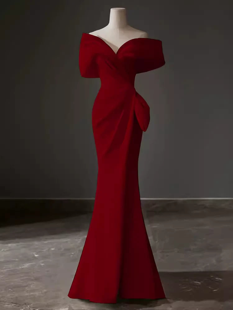 TingPo Wholesale Elegant Modest Mermaid Off The Shoulder Satin Red Prom Dress Long Evening Dress