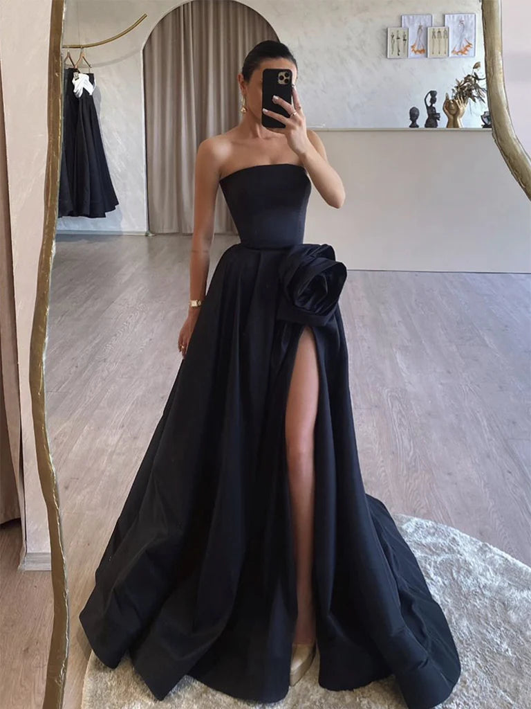 Wholesale A-Line Satin Black Long Prom Dress Black Long Formal Dress gowns evening dresses