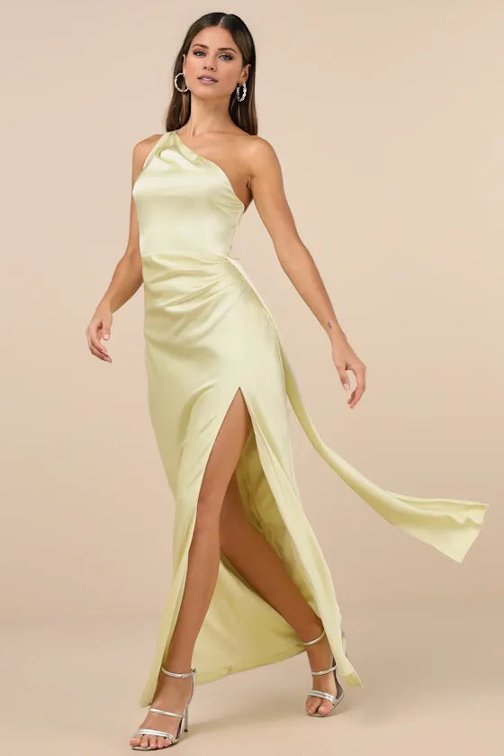 TingPo Wholesale Signature Elegance Pale Yellow Satin One-Shoulder Maxi Dress formal wear dresses