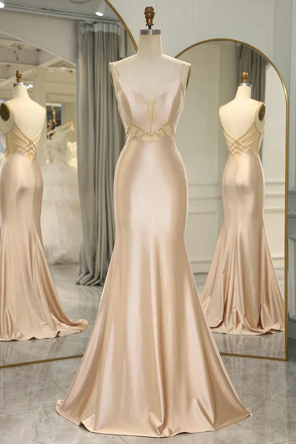 Wholesale Simple Champagne Spaghetti Straps Long Mermaid Satin Prom Dress prom dress in store