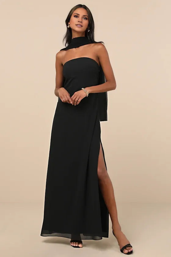 TingPo Wholesale Signature Elegance Black Strapless Maxi Dress and Scarf Set formal wear dresses