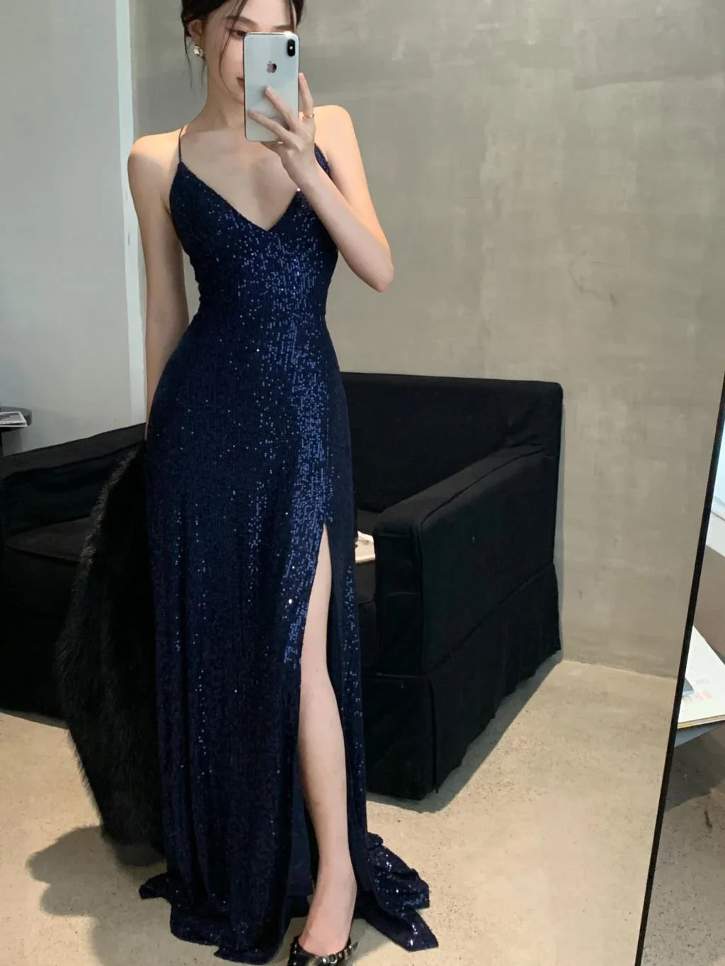 TingPo Wholesale Sexy Sheath Spaghetti Straps Navy Blue Sequin Floor Length Evening Dress Sequin Prom Dresses