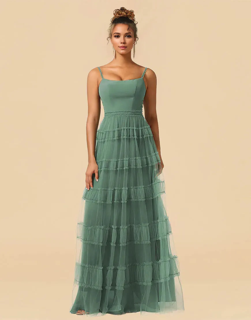 Wholesale A-Line Spaghetti Straps Floor Length Chiffon And Tulle Bridesmaid Dress Bridesmaid dress shop