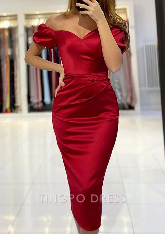 TingPo Wholesale Sheath/Column Off-the-Shoulder Short Sleeve Tea-Length Satin Prom Dress With Pleated