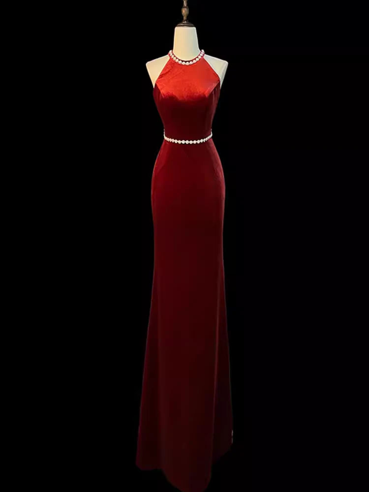 TingPo Wholesale Mermaid Halter Burgundy Long Velvet Prom Dresses formal wear dresses