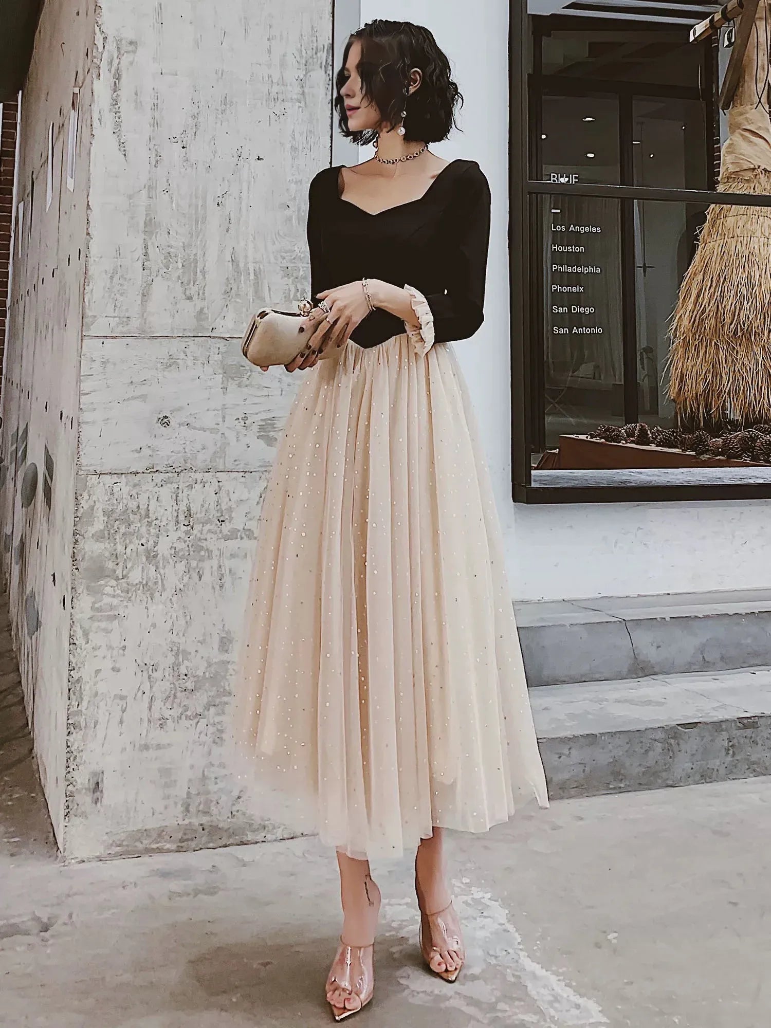TingPo Wholesale Elegant Pretty A line Square Neckline Long Sleeves Black Prom Dresses Party Evening Dress